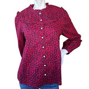 Vineyard Vines Wildflowers Pleated Yoke Top Navy Blue & Red Floral Print Blouse